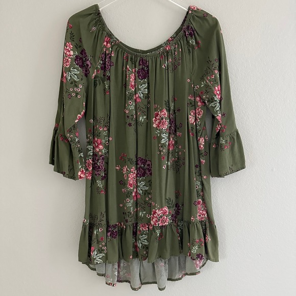 Terra & Sky Tops - Terra & Sky Peasant Top Womens 1X Olive Green Floral Ruffle Bell Sleeve Boho